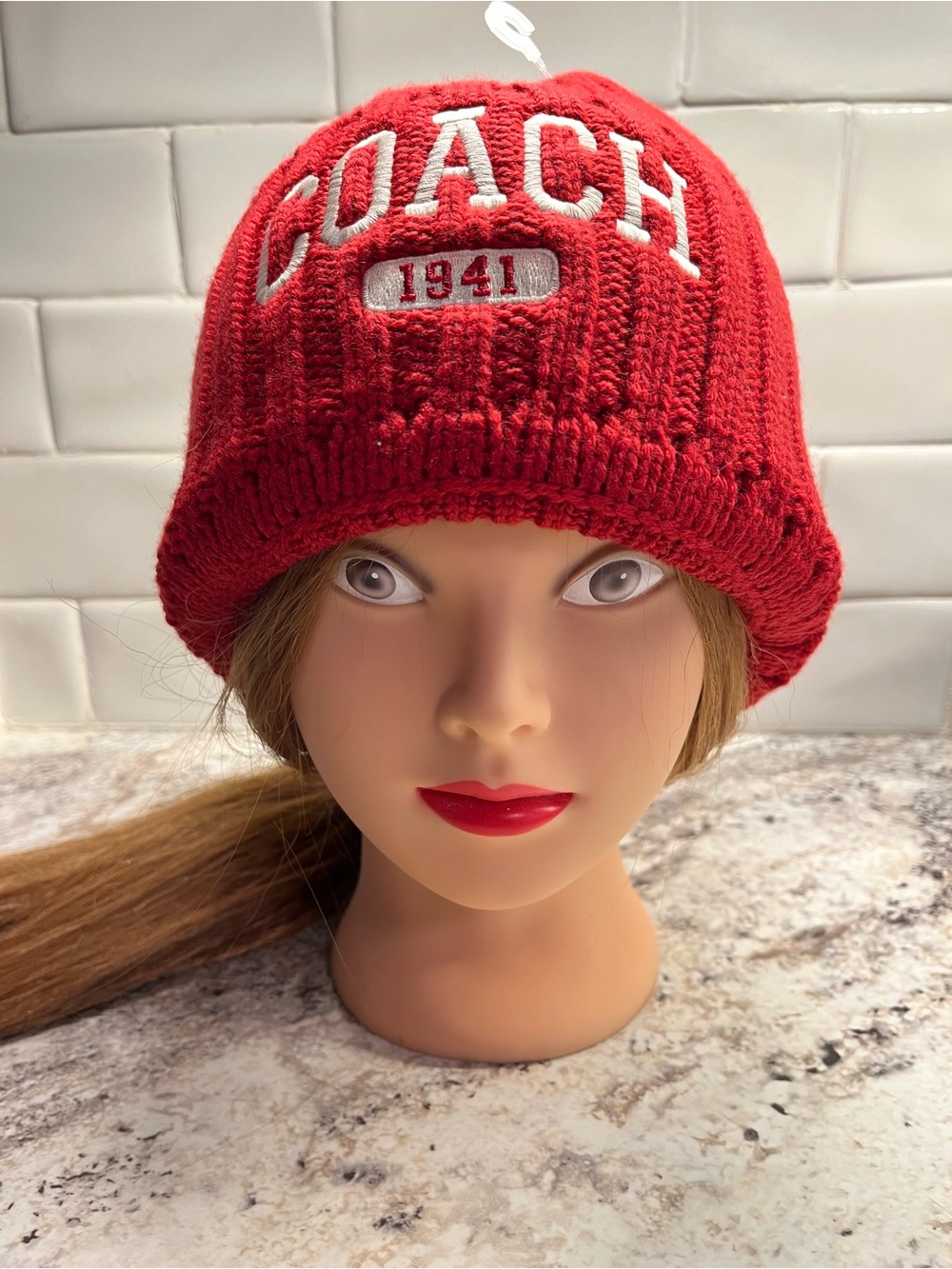New COACH Wool Embroidered Beanie Hat in Bold Red